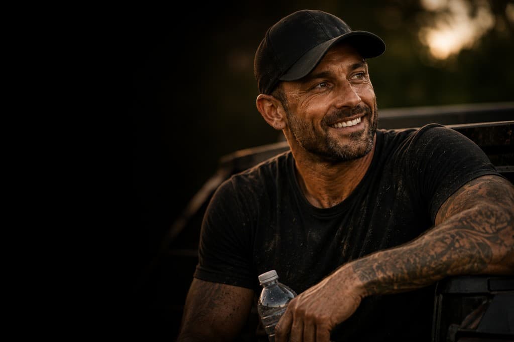 The lawn guy after Saturday — job done, truck bed, still smiling.