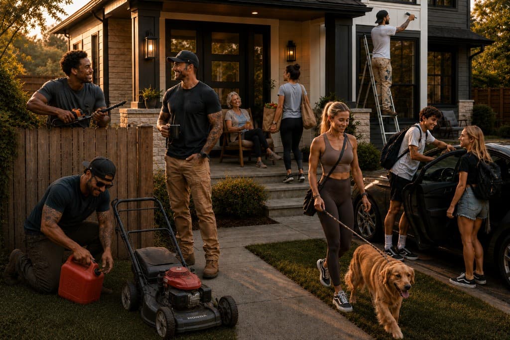 Saturday at home — mug in hand talking with the neighbor, teens at the car, mom on the porch, yard work, painter on the trim, dog walker heading out, groceries at the door. Relationships, not transactions.