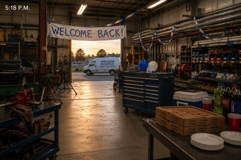 5:18 P.M. — Precision Mechanical shop, empty. Handwritten Welcome Back on the bay door, streamers on the pipes, pizza on the bench. Thrown together last minute.