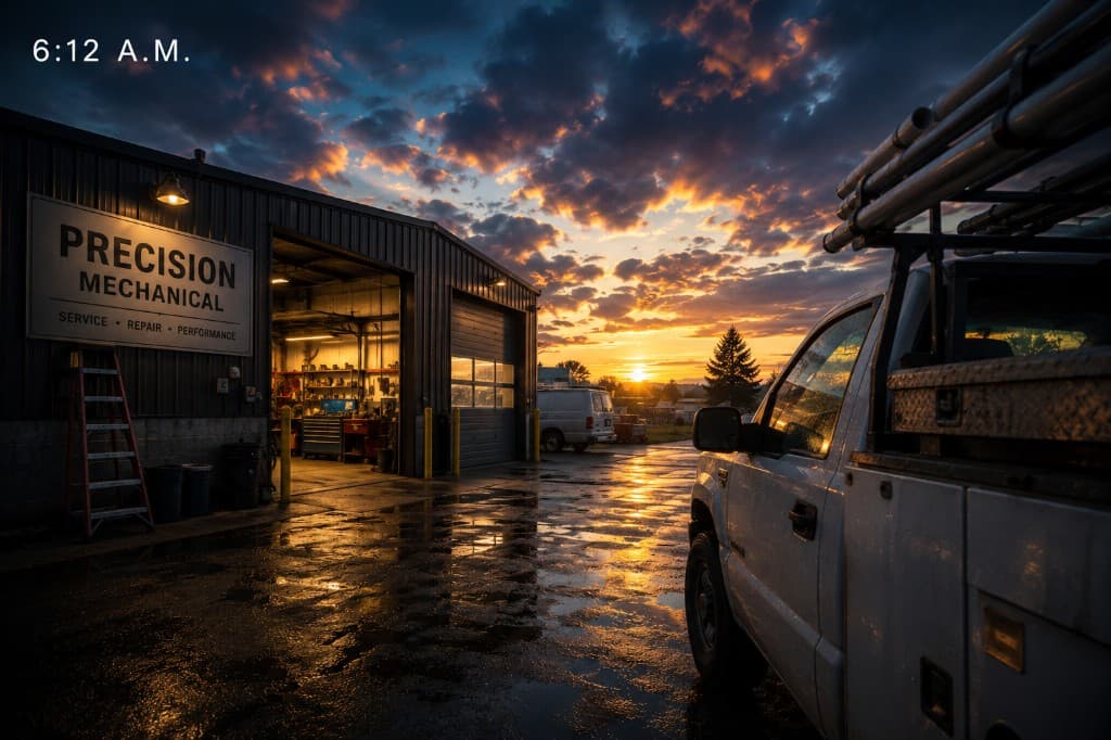 6:12 A.M. — Precision Mechanical at dawn. Open bay, work truck, wet lot. The day begins.