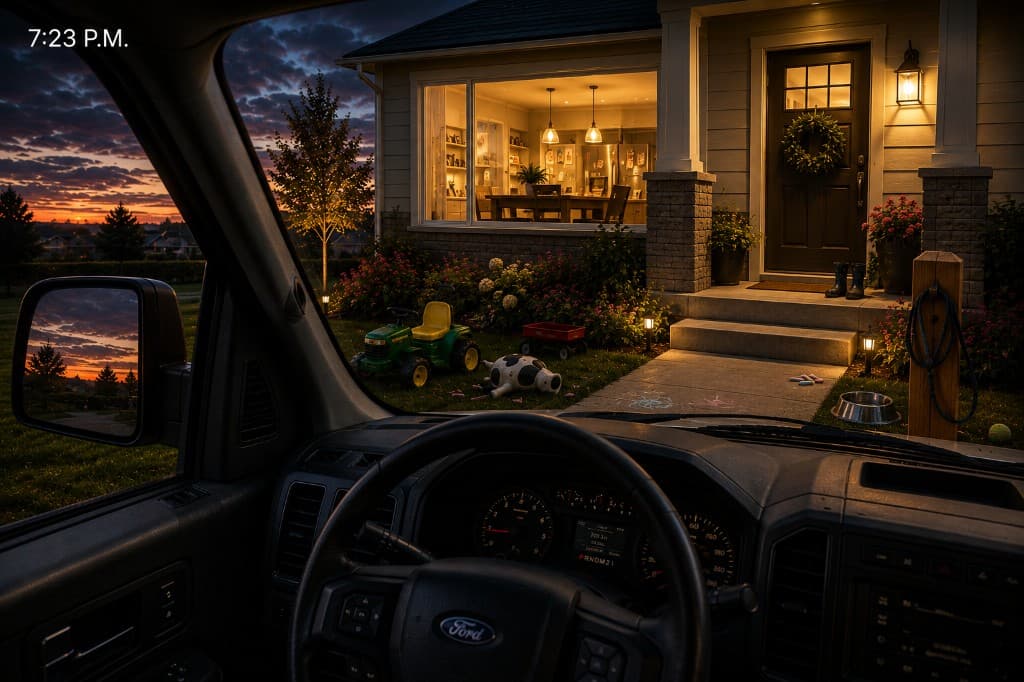 7:23 P.M. — From the truck: porch light on, chalk on the walk, dinner in the window. Home.
