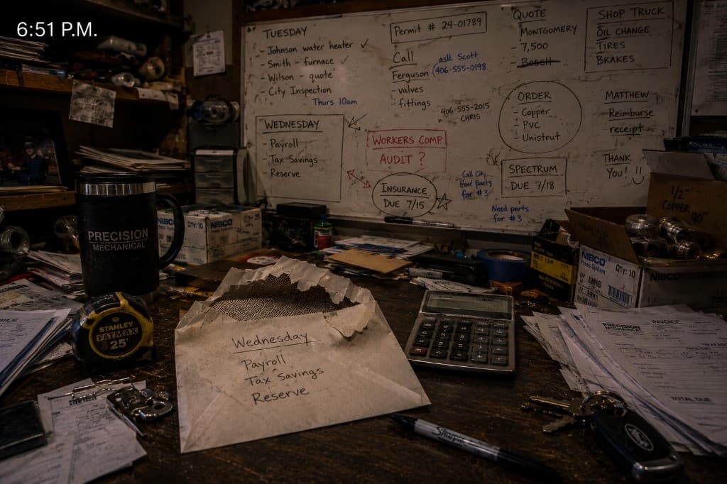 6:51 P.M. — Owner's desk at Precision Mechanical. Envelope for Wednesday: payroll, tax savings, reserve. Get the money where tomorrow needs it.