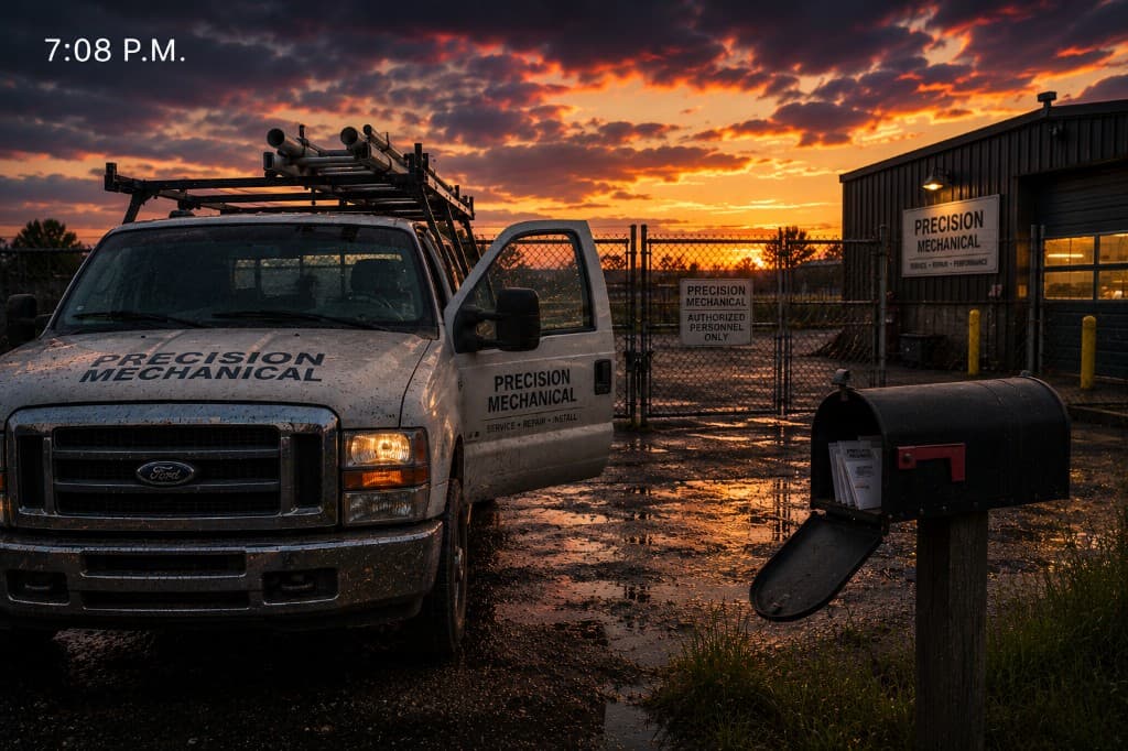 7:08 P.M. — Shop locked, fence closed, mailbox open, truck door open. Grab the mail. Go home.