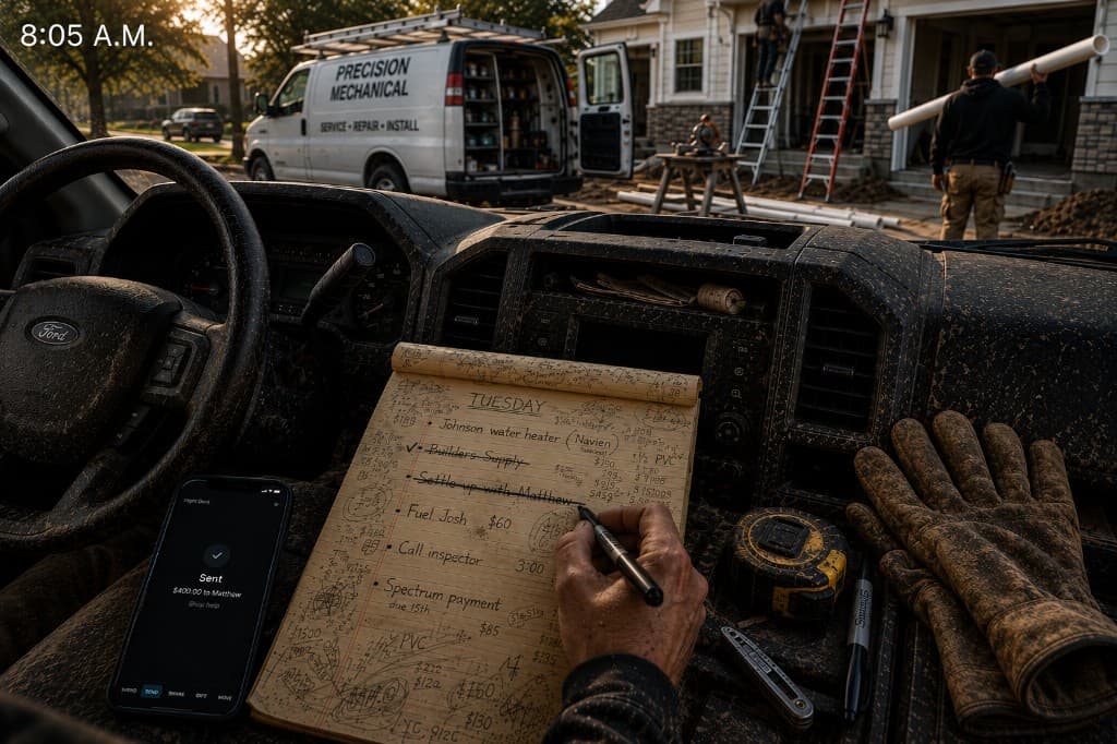 8:05 A.M. — From the truck: Sent $400 to Matthew for shop help. Cross it off. Back to the job.