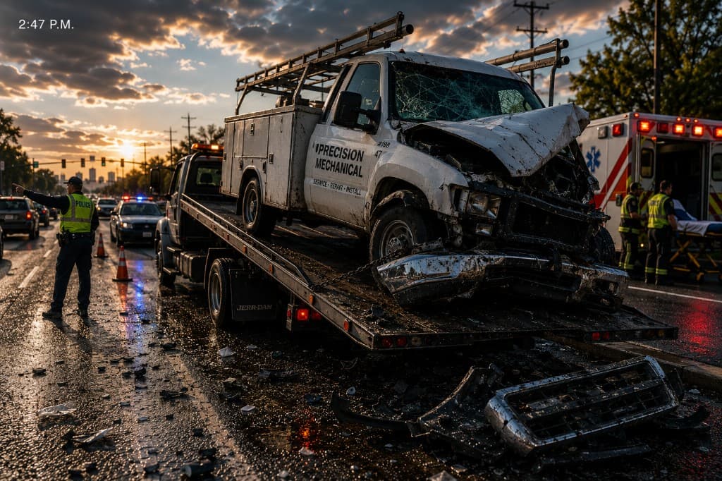 2:47 P.M. — Precision Mechanical truck on the flatbed. Police, ambulance, debris. The call comes in. Lead with Share for the unknown totals.