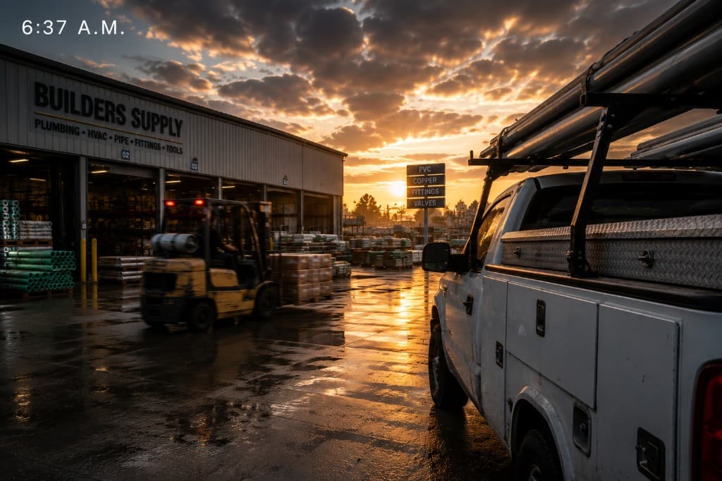 6:37 A.M. — Builders Supply at dawn. Work truck, fittings, forklift in motion. Stop for parts before the first job.