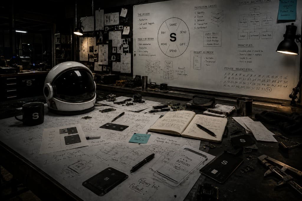 Backstage at Shuttle — whiteboard, suit helmet, cards, and crossed-out iterations. Built in the room, not the boardroom.