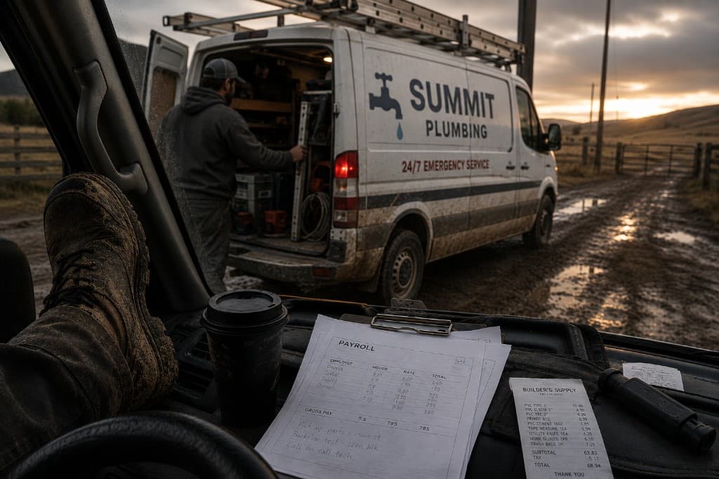 From the driver's seat — muddy boot on the dash, coffee, payroll, a supply receipt, and a plumbing van at a ranch gate. That's Tuesday.