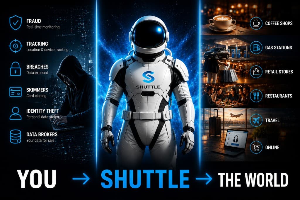 You to Shuttle to the world — Shuttle stands between you and fraud, tracking, breaches, skimmers, identity theft, and data brokers so you can spend.