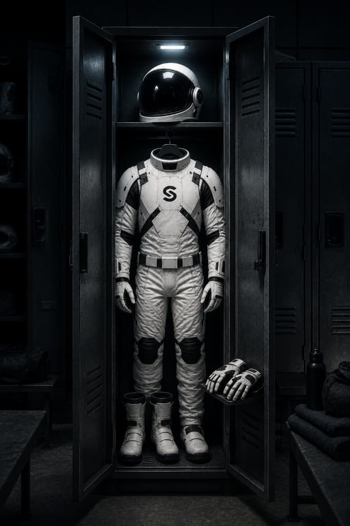 Shuttle spacesuit hanging in an open locker — ready for Tuesday.